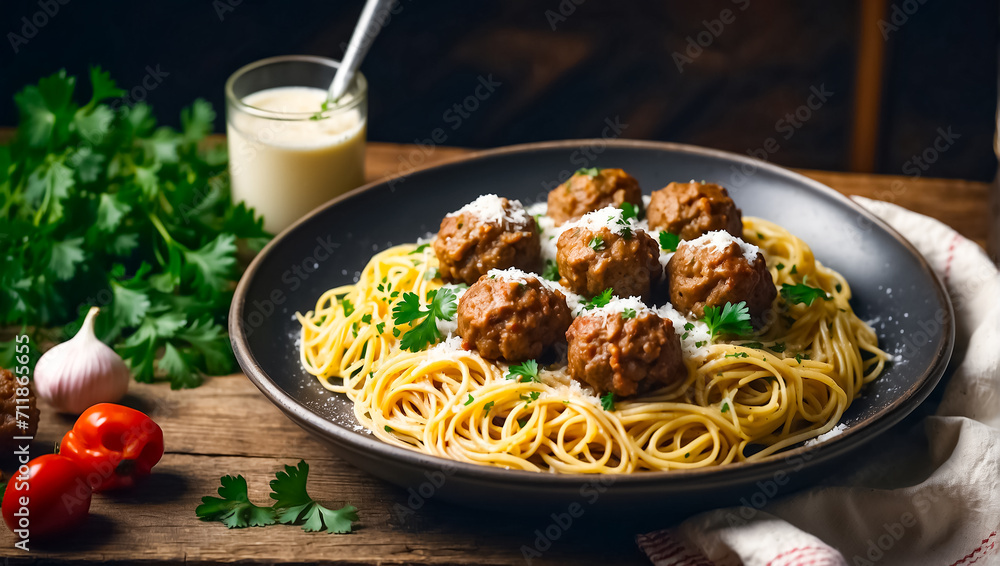 Delicious appetizing meatballs with spaghetti in the kitchen yummy Delicious appetizing meatballs with spaghetti in the kitchen yummy