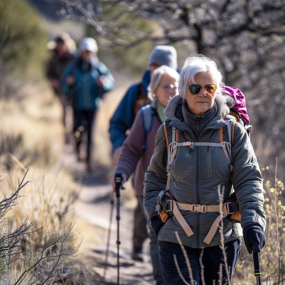 Fototapeta premium Group of smiling elderly women and men walk along the path in a column