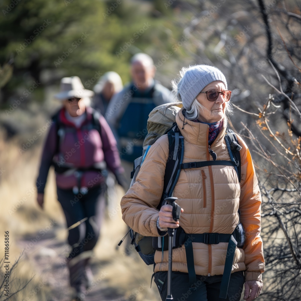 Fototapeta premium Group of smiling elderly women and men walk along the path in a column
