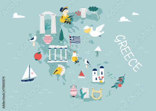 Vector stylized illustrated map of Greece with famous landmarks, places and symbols photo