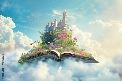 open book with princess castle growing out of it with flowers and clouds pastel colors