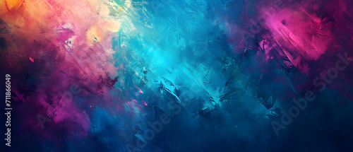 A vibrant and lively abstract painting bursting with a kaleidoscope of colors including magenta, purple, violet, turquoise, lilac, and aqua against a striking blue background photo