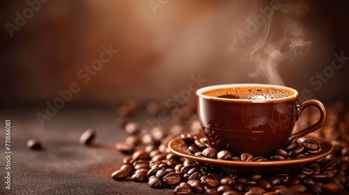 Background image highlighting a cup of coffee ready to be enjoyed  complemented by coffee beans.      