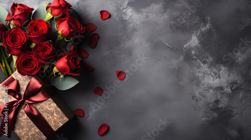 Flat lay composition with beautiful red roses and gift boxes on grey background. Valentine's Day celebration © alexkich