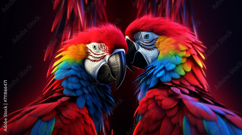 Fototapeta premium Illustration polygonal drawing of blue wing macaw bird with tropical leaf. Ara parrot. Macaw. Photo realistic
