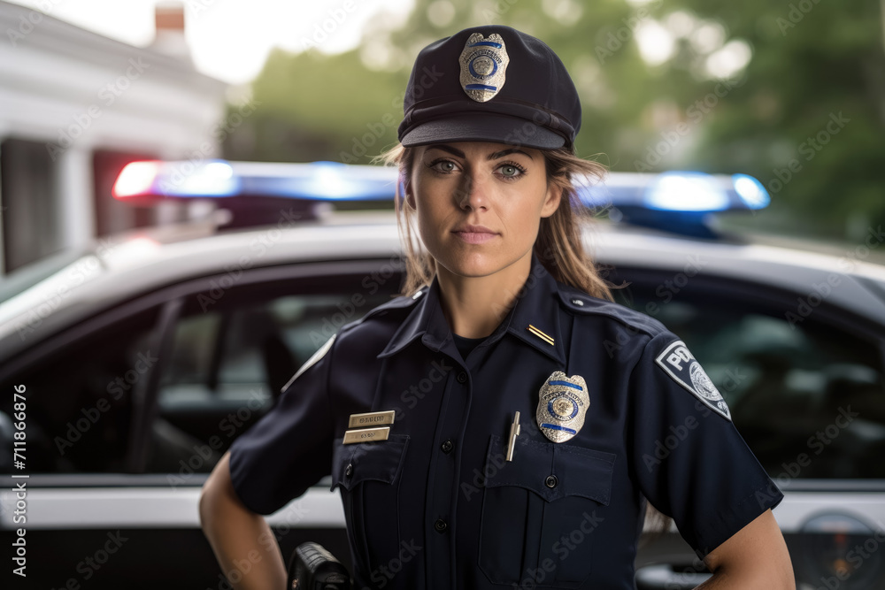 Young woman working as police officer or cop, closeup portrait, blurred car in background. Generative AI Young woman working as police officer or cop, closeup portrait, blurred car in background. Generative AI