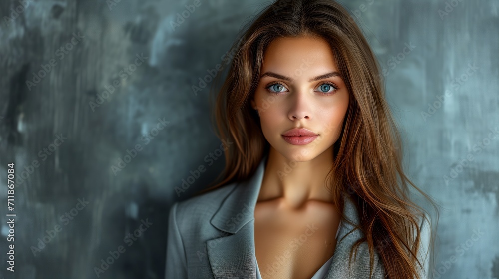 Fototapeta premium Confident young woman with striking blue eyes and elegant style