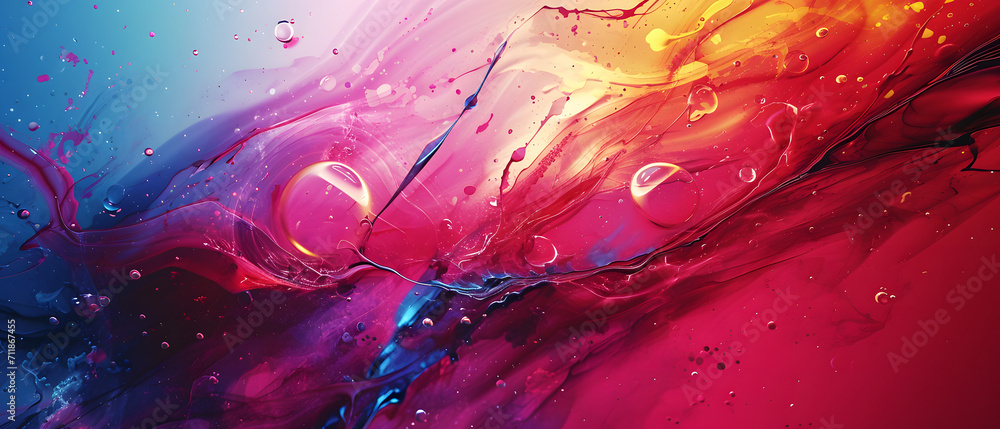 Vibrant hues dance and blend, as water and oil create a mesmerizing abstract painting full of fluidity and splashes of color - obrazy, fototapety, plakaty 