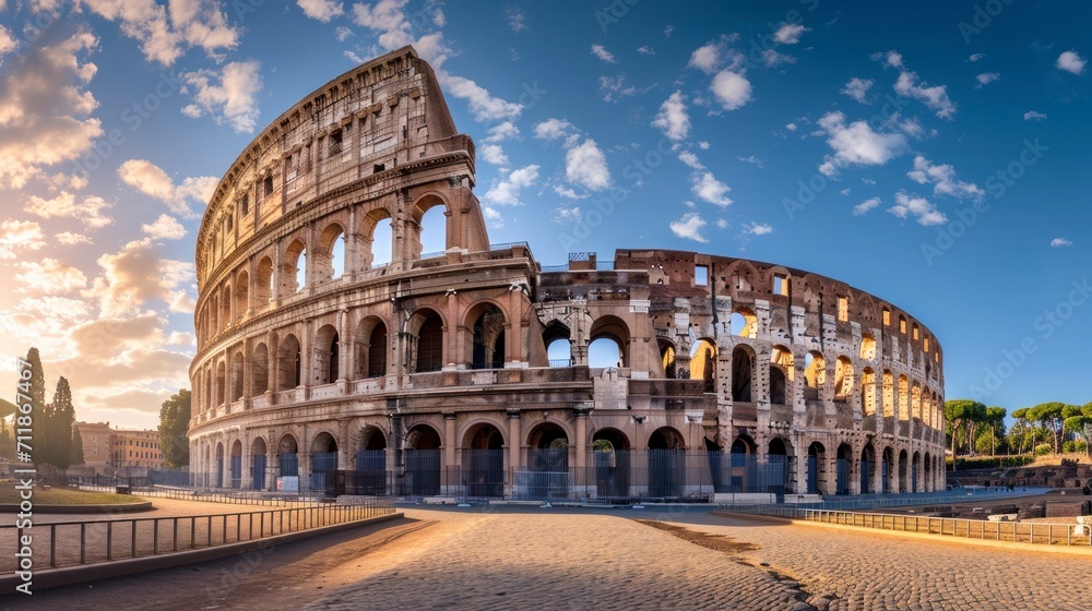 majestic roman coliseum with a beautiful blue sky with white clouds in a sunset