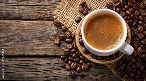 Background image highlighting a cup of coffee ready to be enjoyed, complemented by coffee beans.