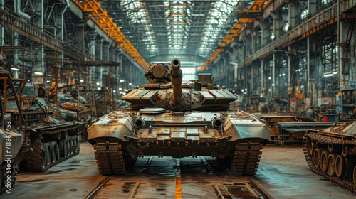 A formidable tank stands ready within the vast confines of an industrial warehouse photo