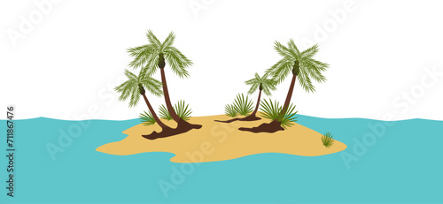 Tropical island with palm trees. Paradise coast surrounded by sea for exotic holidays and vacations with yellow vector sand