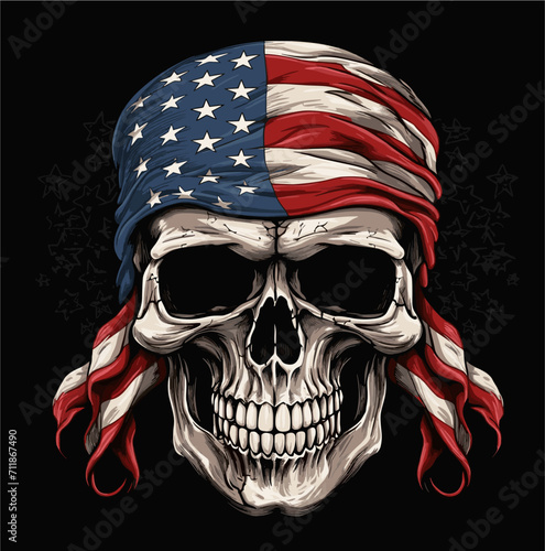 Vector drawing for a t-shirt. 
Skull with an american flag 
tied in a bandana on the head on a black background. 
Fashionable print for fabric, paper, men clothing. photo