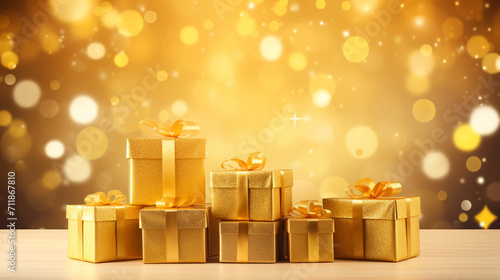 Wallpaper Mural Golden gift boxes with ribbon bow tag over blurred bokeh background with lights. Christmas decor. Blinking Holiday Background. Copy space Torontodigital.ca