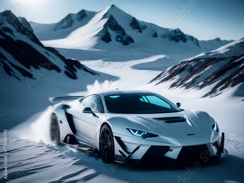 High-speed supercar gliding through a snowy landscape. White racing sport car speeding across a wintry terrain © Gaston