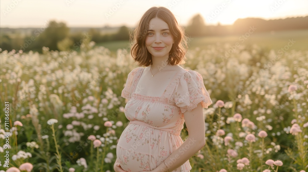 Pregnant woman smiling in flower field at sunset Pregnant woman smiling in flower field at sunset