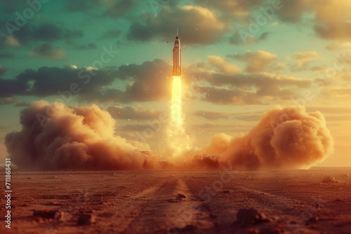 rocket launch, the rocket emits smoke and fire, flies into the sky with clouds Ai generative