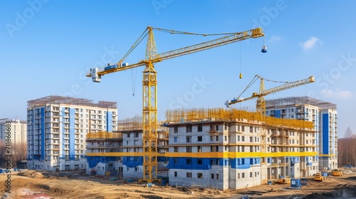 House construction process with crane and building construction site against a clear blue sky