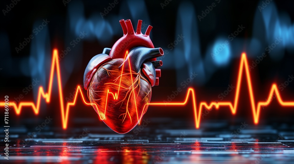 Digital human heart representation with ekg pulse wave on dark background - obrazy, fototapety, plakaty 
