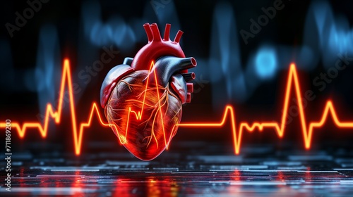 Digital human heart representation with ekg pulse wave on dark background