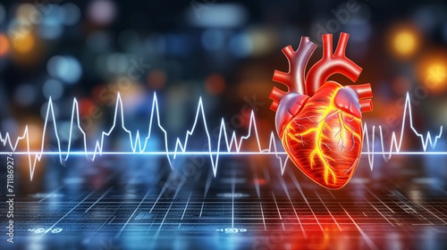 Glowing human heart illustration with ekg pulse graph photo