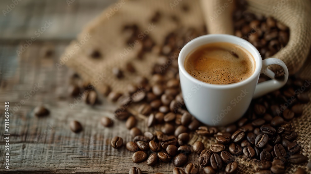 A background featuring a cup of ready-to-drink coffee adorned with coffee beans A background featuring a cup of ready-to-drink coffee adorned with coffee beans