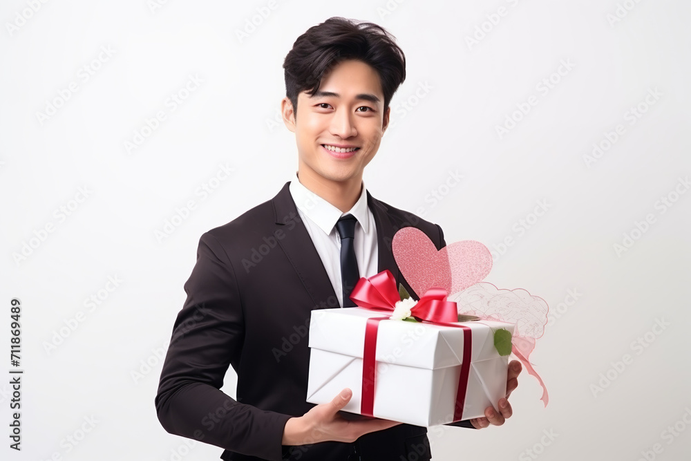 happy handsome asian man holds red and pink gift box, valentine's day on white happy handsome asian man holds red and pink gift box, valentine's day on white