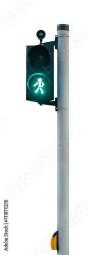 Green light on pedestrian traffic light isolated on transparent backround