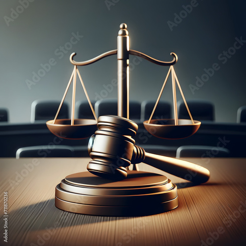 Icon of a judge's gavel and a scale on the wooden table in a courtroom photo