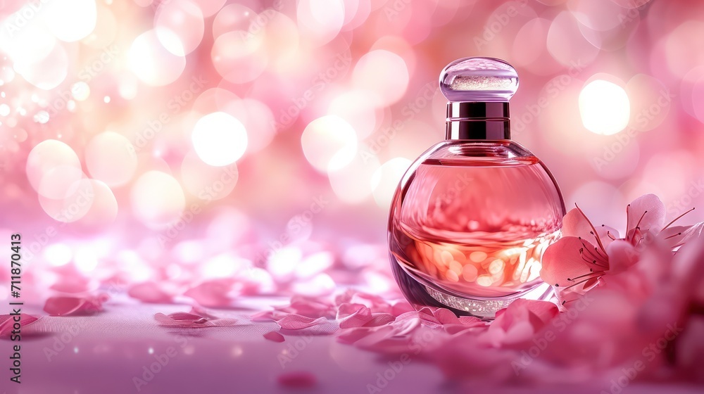 Perfume background with copy space, featuring a luxurious, feminine, elegant, and modern glass bottle set against an appealing backdrop Perfume background with copy space, featuring a luxurious, feminine, elegant, and modern glass bottle set against an appealing backdrop