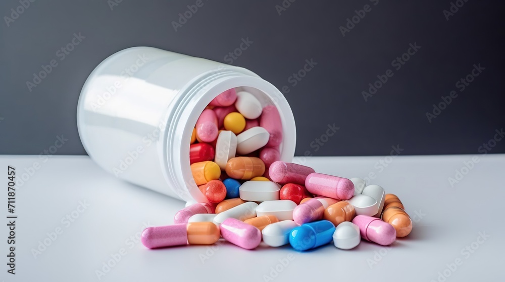 Bottle and scattered pills on a colored background, Space for text Bottle and scattered pills on a colored background, Space for text