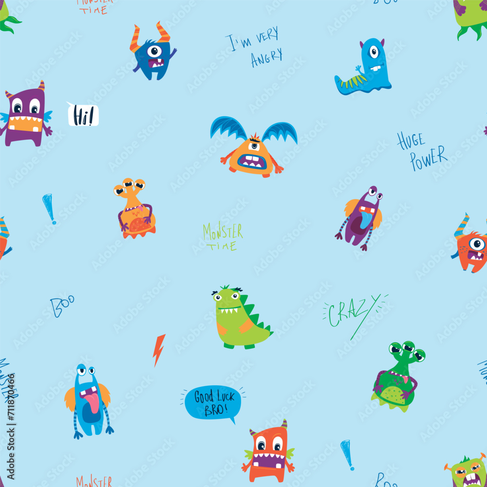Seamless pattern with monsters vector illustration, vector textile fabric print, wrapping paper
