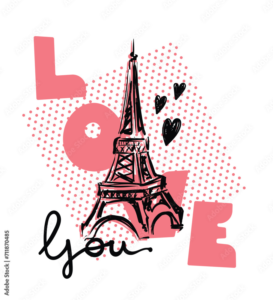 Paris I love you. Illustration black ink Eiffel Tower. Vector decorations isolated on white background. Handwritten inscription I love you.