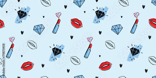 Seamless vector pattern with lipstick, lips and diamonds. Beauty ornament for textle, wrapping paper.