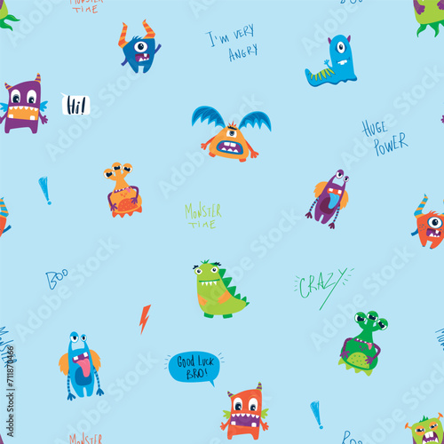 Seamless pattern with monsters vector illustration, vector textile fabric print, wrapping paper
