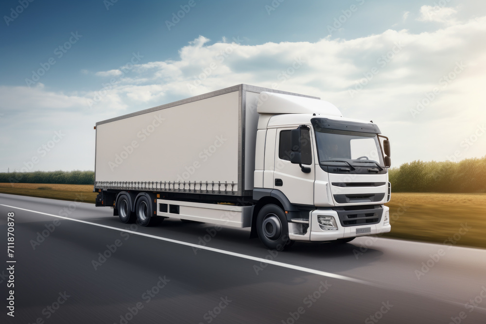 Cargo truck on road with a white blank mockup empty trailer