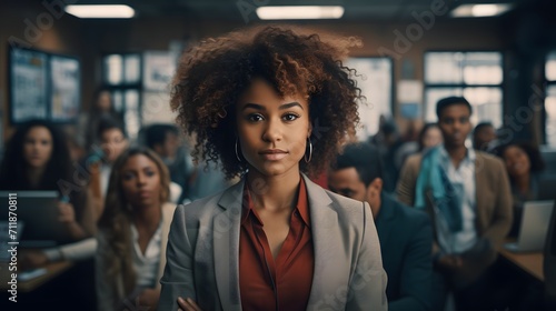 An empowered and stylish mixed race businesswoman exudes confidence as she stands tall, her curly hair framing her beaming smile, dressed in a sleek brown suit and blue shirt, her folded arms photo