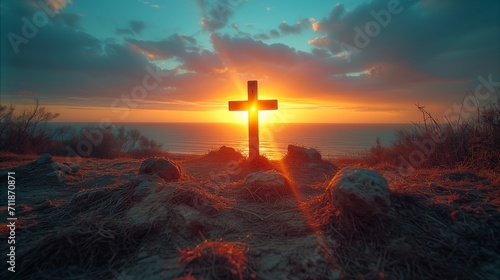 Serene sunset at coastal landscape with christian cross