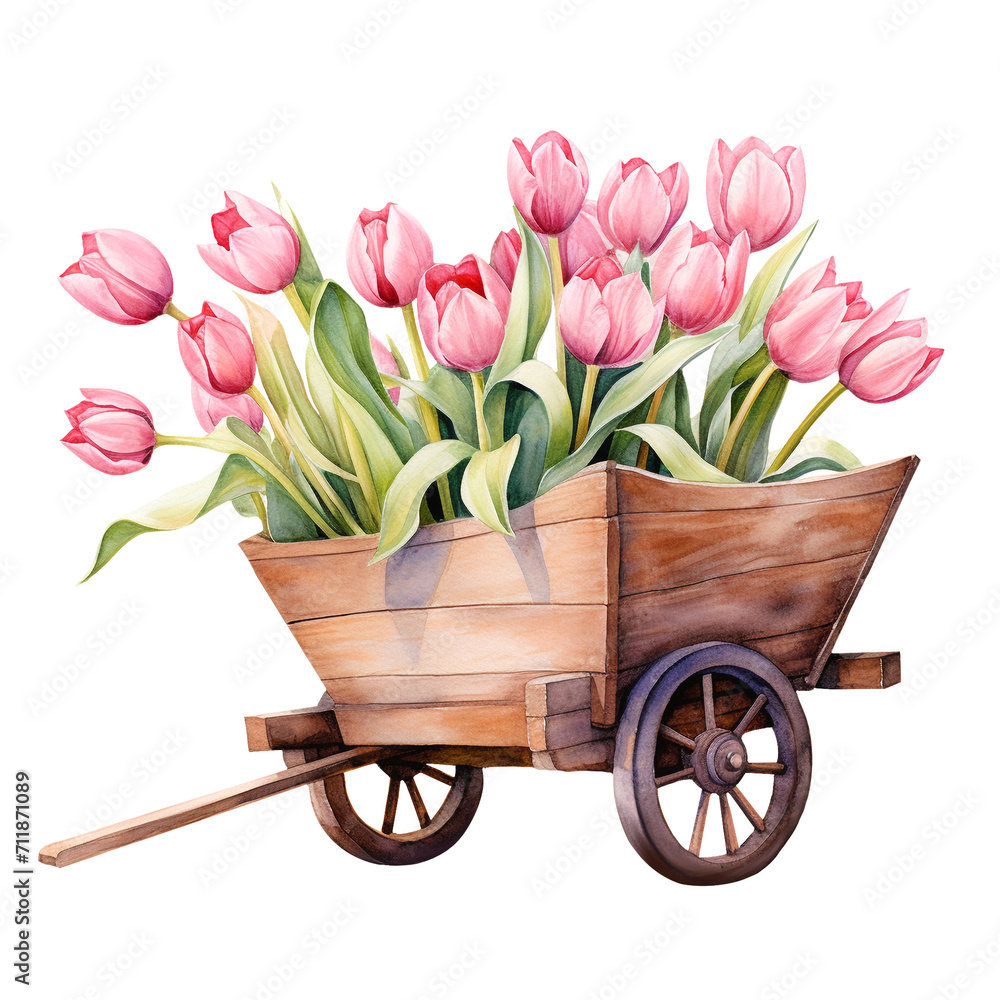 Spring Wooden wheelbarrow with tulips generate AI