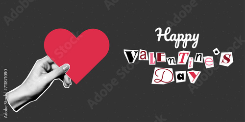 Happy Valentine's Day lettering in ransom note text style. Collage paper cut letters, grunge vector clipart elements. Halftone collage of a hand holding a heart.