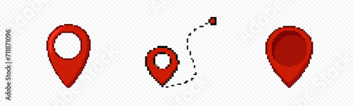 Red pixel web map pointer set. Direction and 8bit waypoint symbol with position navigation and global location search for vector travel photo