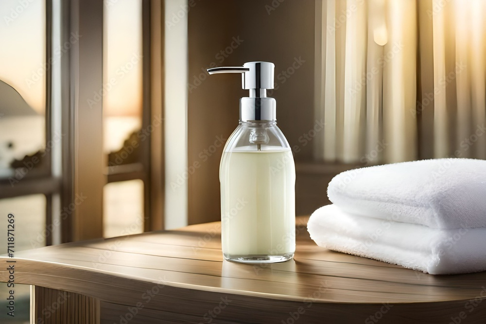 Bottle with liquid soap and white towels folded next to it. Cleaning and SPA concept. Bottle with liquid soap and white towels folded next to it. Cleaning and SPA concept.