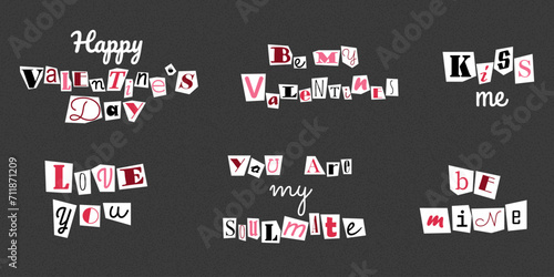 Set of valentine's day lettering in ransom note text style. Collage paper cut letters, grunge vector clipart elements. Declarations of love on dotted textured background, noisy gritty dot halftone
