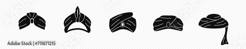 Black oriental turbans sketch. Traditional indian and arabic fabric headdress for sikh and bedouin with trendy cultural vector design