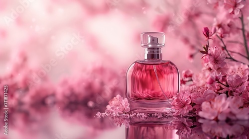 A perfume-themed background with copy space, featuring a modern and luxurious glass bottle against an elegant backdrop, exuding femininity. 