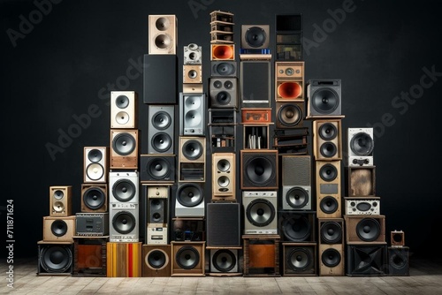 A collection of audio speakers arranged in a vertical stack. Generative AI