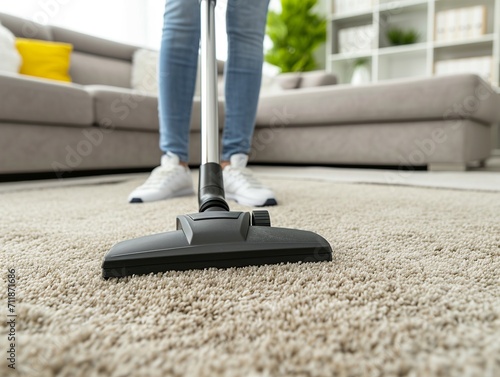 Woman vacuuming carpet.