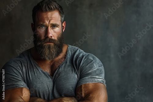 Healthy big strong power huge man with a beard with pumped up muscles in excellent physical shape working profession photo