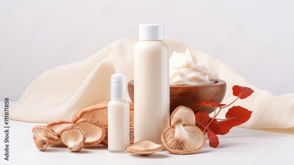 Cosmetic bottle mock-up and mushrooms on white background. Shampoo or body lotion or mask that contain fungi mushroom reishi, shiitake. Beauty Technology. Mushroom skincare ingredient Cosmetic bottle mock-up and mushrooms on white background. Shampoo or body lotion or mask that contain fungi mushroom reishi, shiitake. Beauty Technology. Mushroom skincare ingredient
