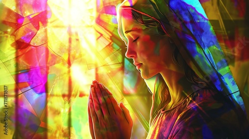 Spiritual Woman in Prayer with Stained Glass Light